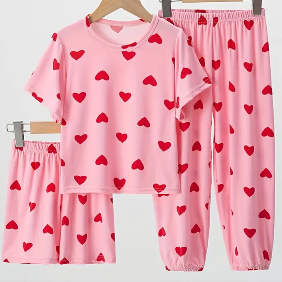 Other - Girls 3pcs Loungewear Pajama Set - Pink Heart Print Size 7-8 Valentines Day